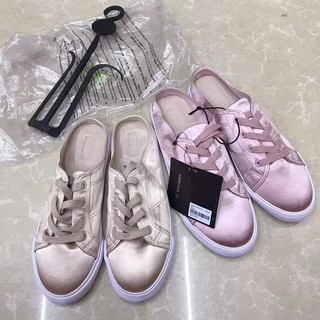 [HÀNG MỸ SĂN SALE] Giày thể thao sneakers FOREVER 21 bata dạng sục hở gót lụa satin 2cm size 37 màu vàng đồng, hồng