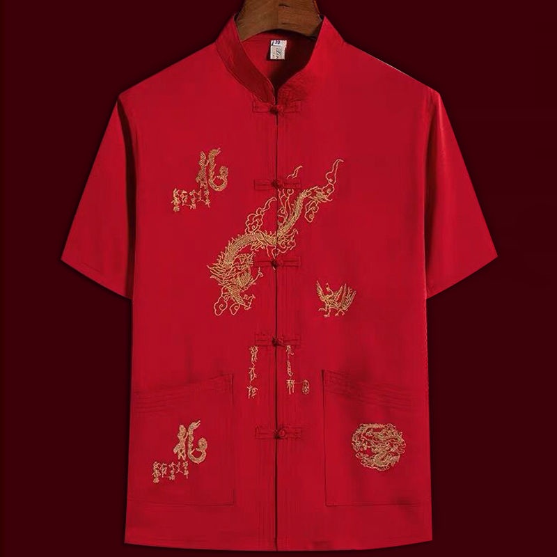 Áo thun tay ngắn thêu họa tiết rồng phong cách Trung Hoa cho nam