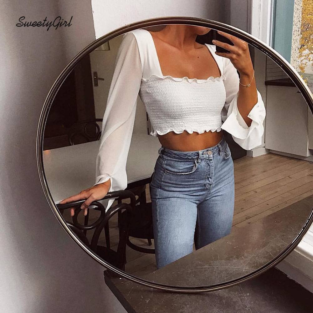 Áo Kiểu Tay Dài Cổ Vuông Màu Trơn Phối Lưới Xếp Ly Dáng Ôm Thời Trang Cho Nữ