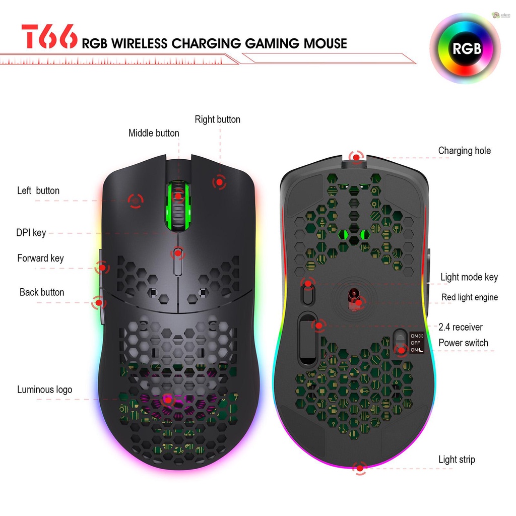 Chuột gaming Hxsj T66 2.4g không dây có đèn rgb 7 màu tùy chọn có thể điều chỉnh chất lượng cao Thích hợp cho máy tính để bàn / máy tính xách tay