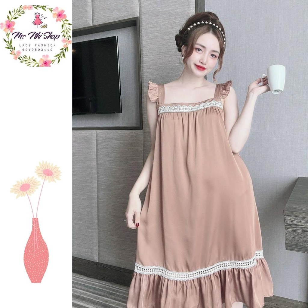 Đầm ngủ lụa latin, cổ vuông phối ren tay cánh tiên quyến rũ