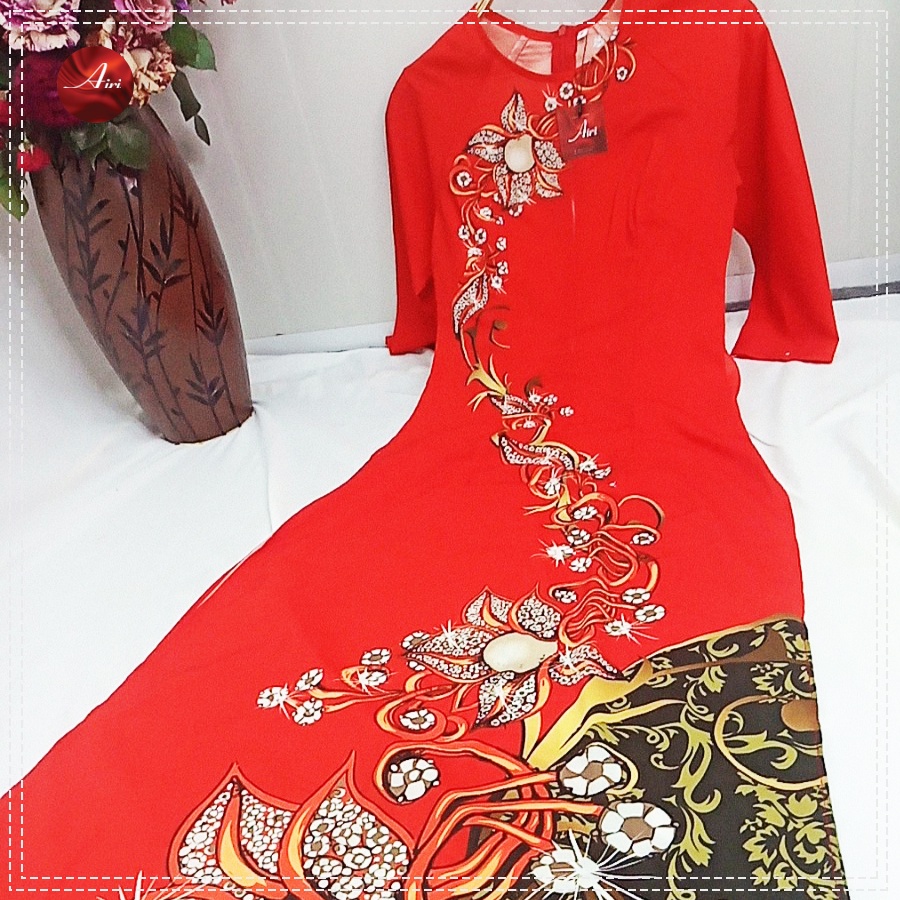 Áo dài nữ lụa nhật màu đỏ họa tiết hoa to - Áo dài Airi