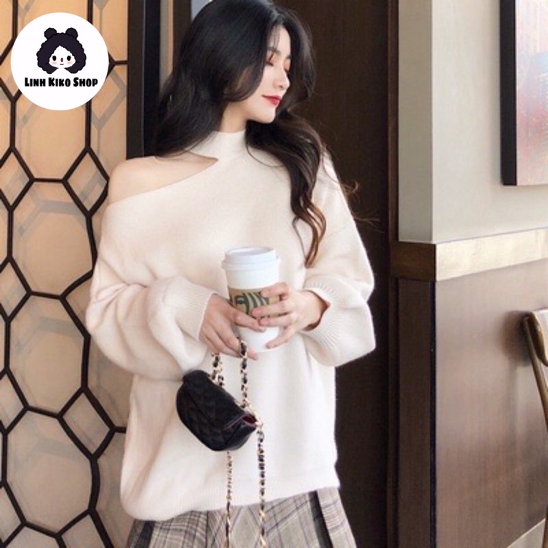 Áo len nữ cổ lọ lệch vai theo phong cách Hàn Quốc