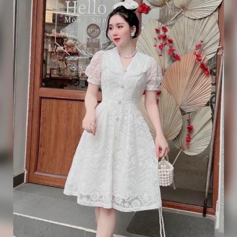 V221 Váy ren mềm tiểu thư cổ bẻ tay ngắn dự tiệc kỉ yếu, đầm tiệc cưới cô dâu DL