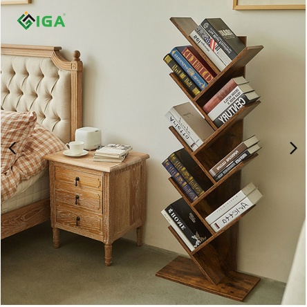 Kệ sách để sàn hình cây 9 tầng, kệ đa năng thông minh phù hợp bàn làm việc phòng khách gỗ cháy - GP03.08