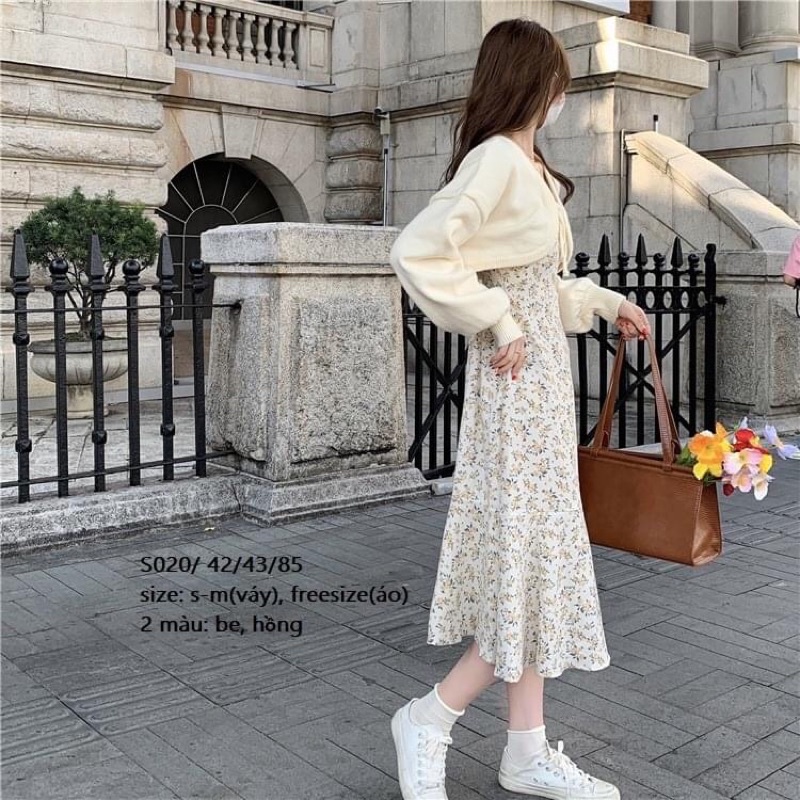Set váy hoa nhí vintage dáng dài style Hàn quốc + khoác len Cardigan croptop dây buộc nơ cổ, tay phồng xinh xắn