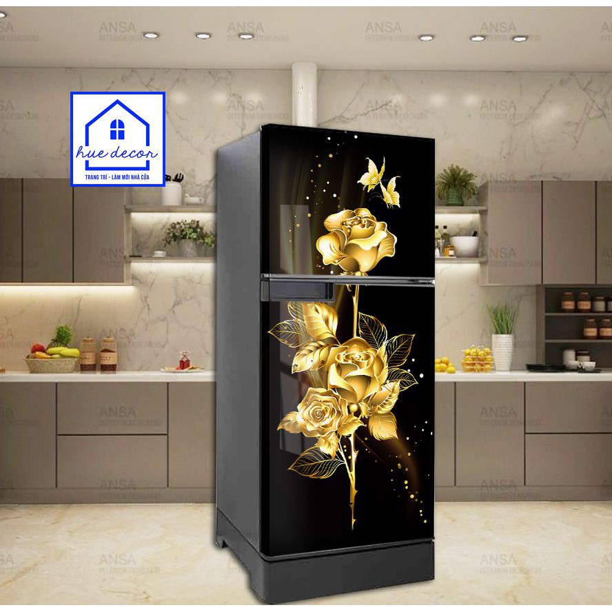 Tranh dán tủ lạnh - máy giặt 3D hoa hồng vàng HUE DECOR, chống nước, dán được cho mọi loại tủ