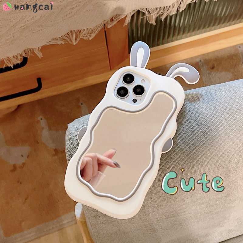 Ốp Điện Thoại Silicone Mềm Mặt Gương Trang Điểm Thiết Kế Tai Thỏ 3D Cho iPhone 13 12 11 Pro Max