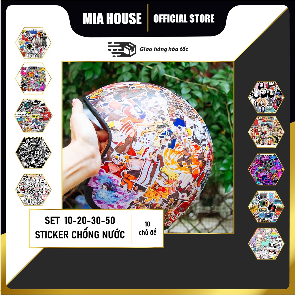 Set 10 - 20 - 30 - 50 Sticker nhiều chủ đề 5 lớp chống nước, dán trang trí mũ bảo hiểm, điện thoại, Laptop,...