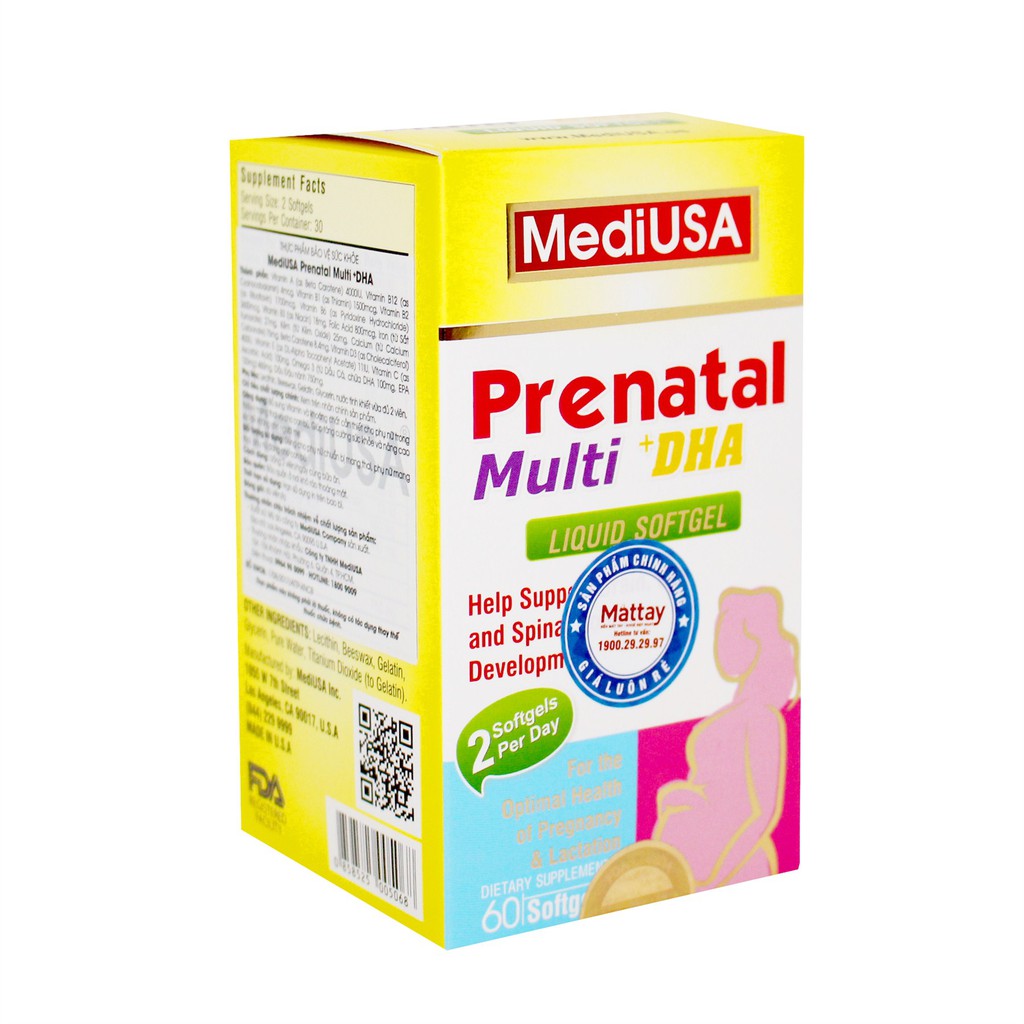 Prenatal Multi DHA - MediUSA - Chai 60 Viên - Bổ Sung Vitamin Và Khoáng Chất Cần Thiết Cho Phụ Nữ Mang Thai.