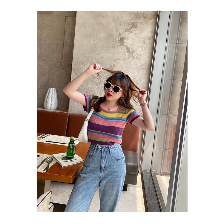 Áo Thun Dệt Kim Ngắn Tay Cổ Vuông Họa Tiết Kẻ Sọc Thời Trang Mùa Hè Mới Cho Nữ