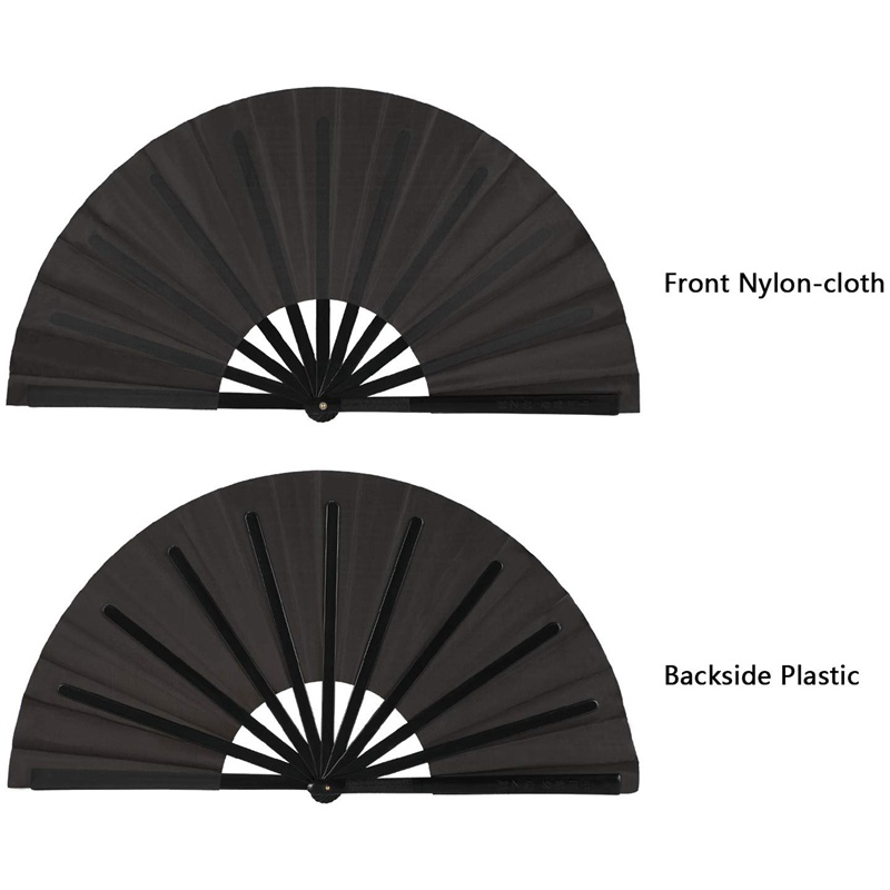 Set 2 Quạt Xếp Cầm Tay Bằng Vải Nylon Màu Đen Phong Cách Kung Fu Thái Cực Quyền Trung Hoa
