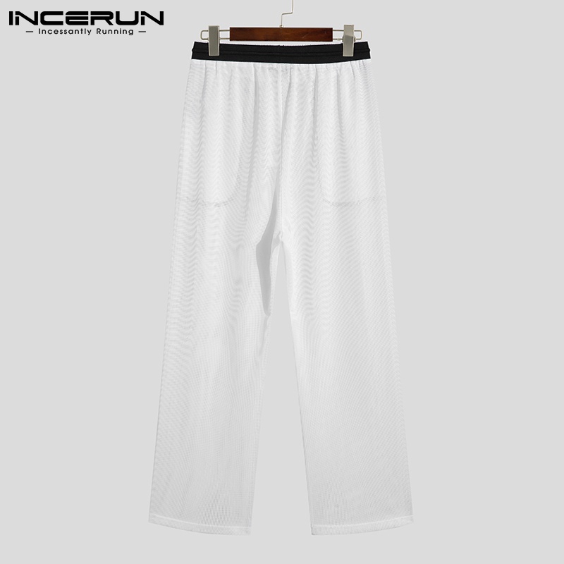 INCERUN Quần ống rộng Màu Trắng Phối Lưới Xuyên Thấu Thời Trang Cho Nam