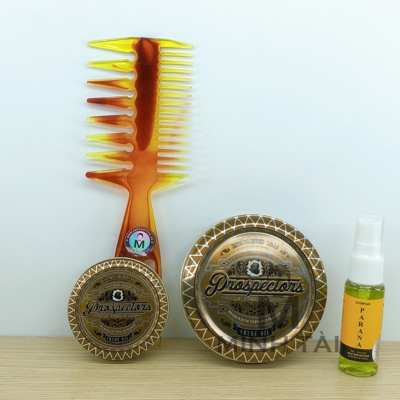 Sáp Vuốt Tóc Nam PROSPECTORS Crude Oil Pomade + Xịt Tạo Phồng AZENMAN Parana 3 In 1 - 20ml + Lược Chải Tóc Texture
