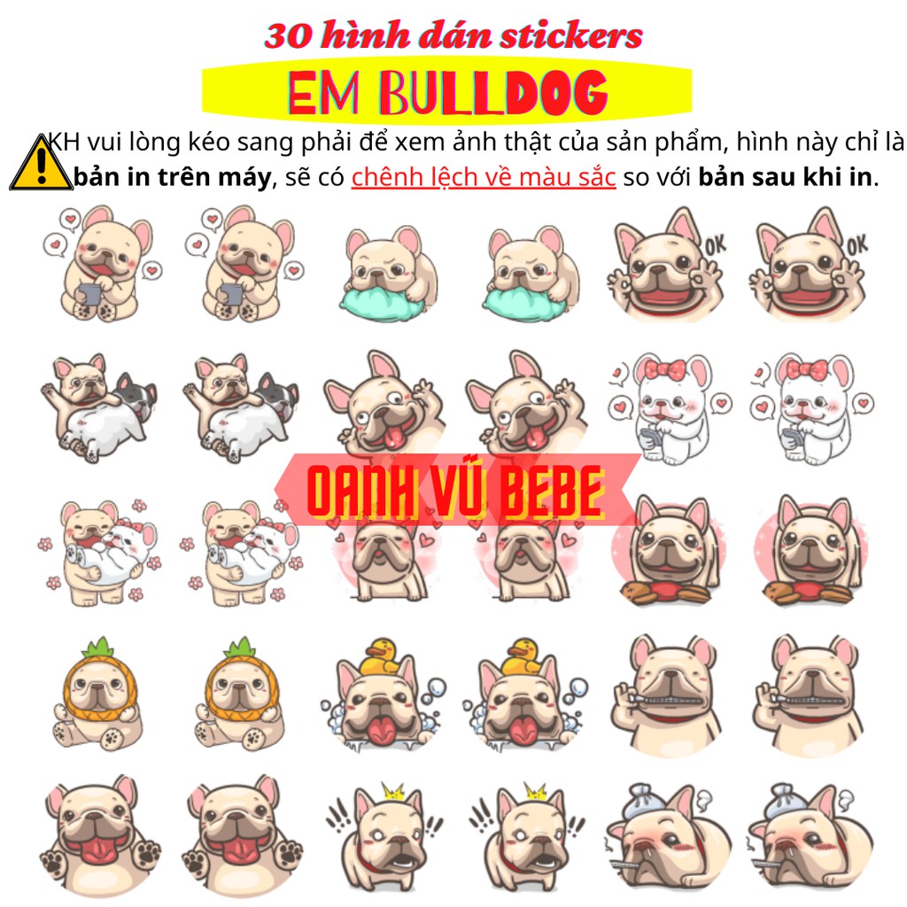 30 hình dán stickers Chó Bulldog