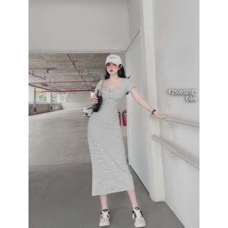 Đầm body thun kẻ sọc dáng dài cổ vuông tay con!