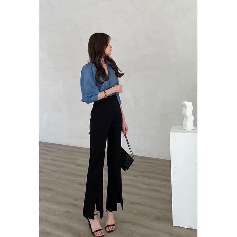 Quần Vải Nữ Ống Loe Xẻ Cạp Cao Chất Tuyết Mưa  Dáng Dài Siêu Tôn Dáng Phong Cách Hàn Quốc Cực Đẹp