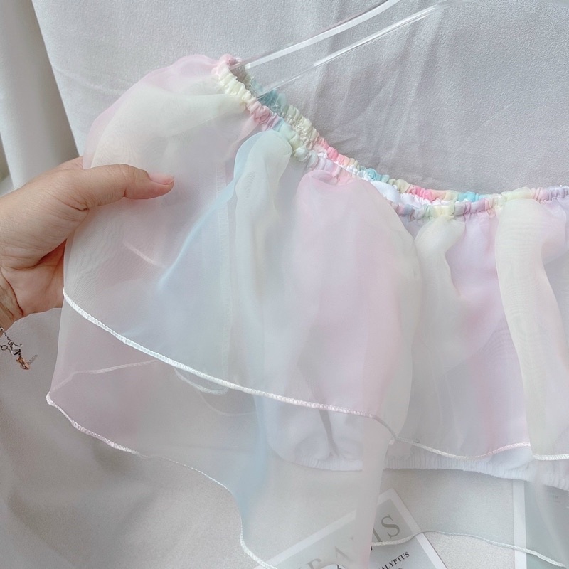 Áo trễ vai - áo crt trễ vai bèo voan tơ cầu vòng nổi bật - AO036