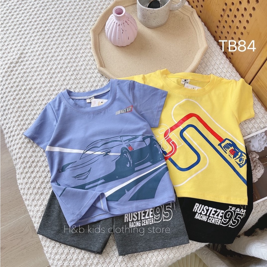 Bộ cộc tay bé trai vải cotton mềm mịn, thoáng mát, in hình ô tô đua siêu ngầu size từ 8 - 30 kg