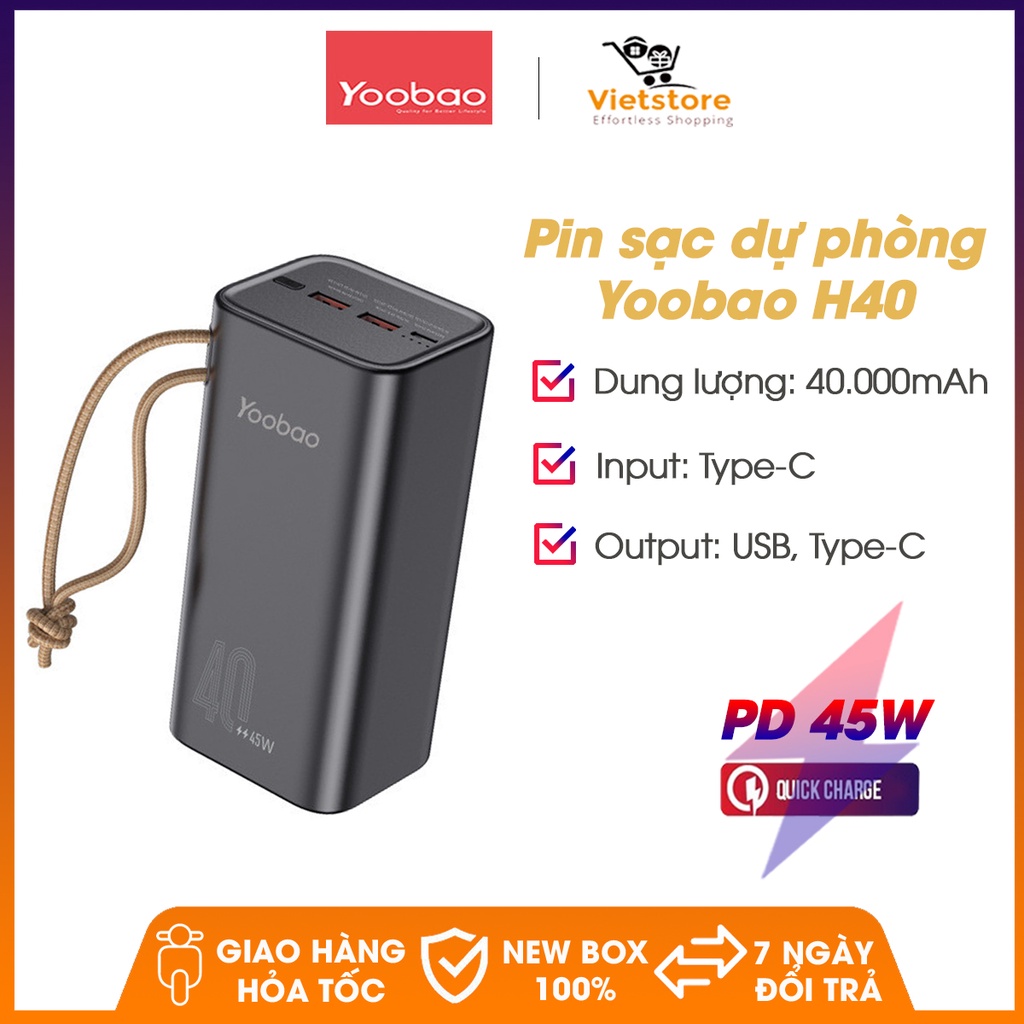 [ Chính hãng ] Pin sạc dự phòng Yoobao H40, dung lượng 40000mAh, công suất 45W sạc nhanh  điện thoại , macbook, laptop