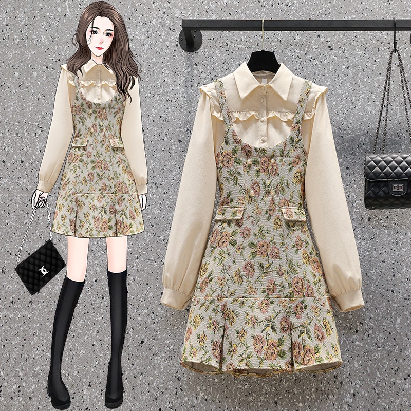 🌸Hàng Order🌸Váy Đầm Bigsize Cổ Cơ Mi Tay Dài Phối Yếm Nhung Tăm Hoa Nhí Nữ Tính Sang Chảnh🌸Hàng Quảng Châu