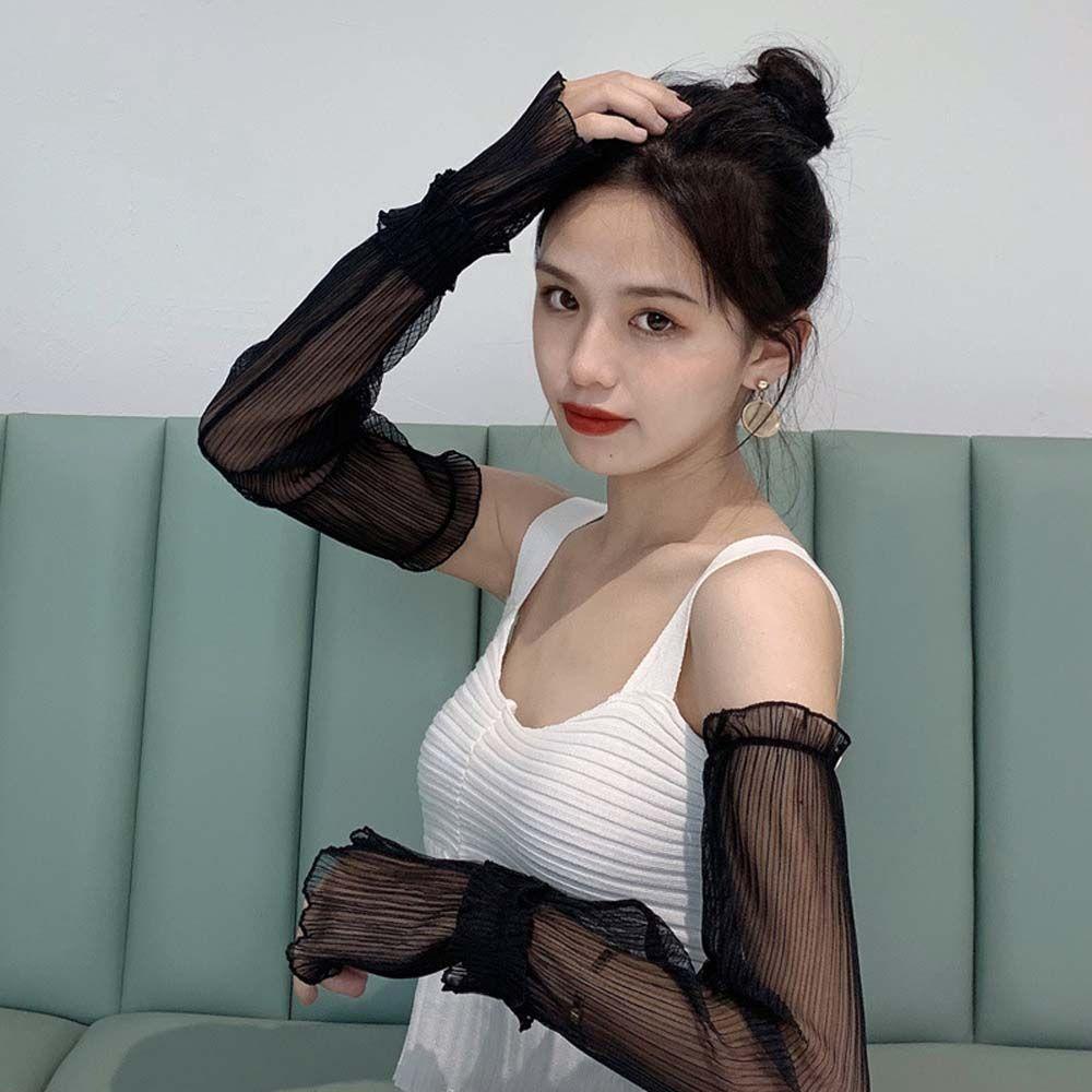 QQMALL Găng Tay Ren Dài Hở Ngón Chống Nắng Bảo Vệ Khỏi Tia UV Hình Lá Sen Đáng Yêu Dành Cho Đi Xe Đạp