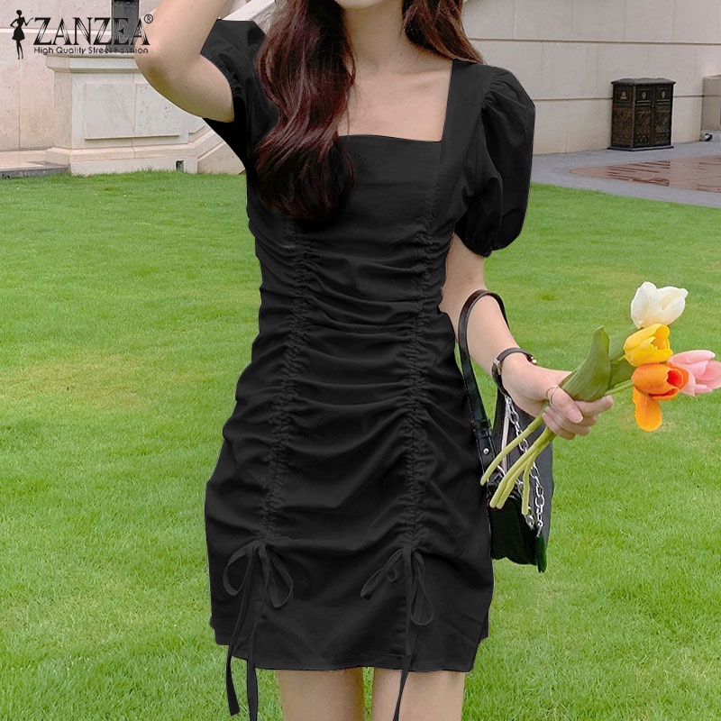 Đầm mini ZANZEA cổ vuông tay phồng lưng cao phối dây rút thời trang Hàn Quốc cho nữ