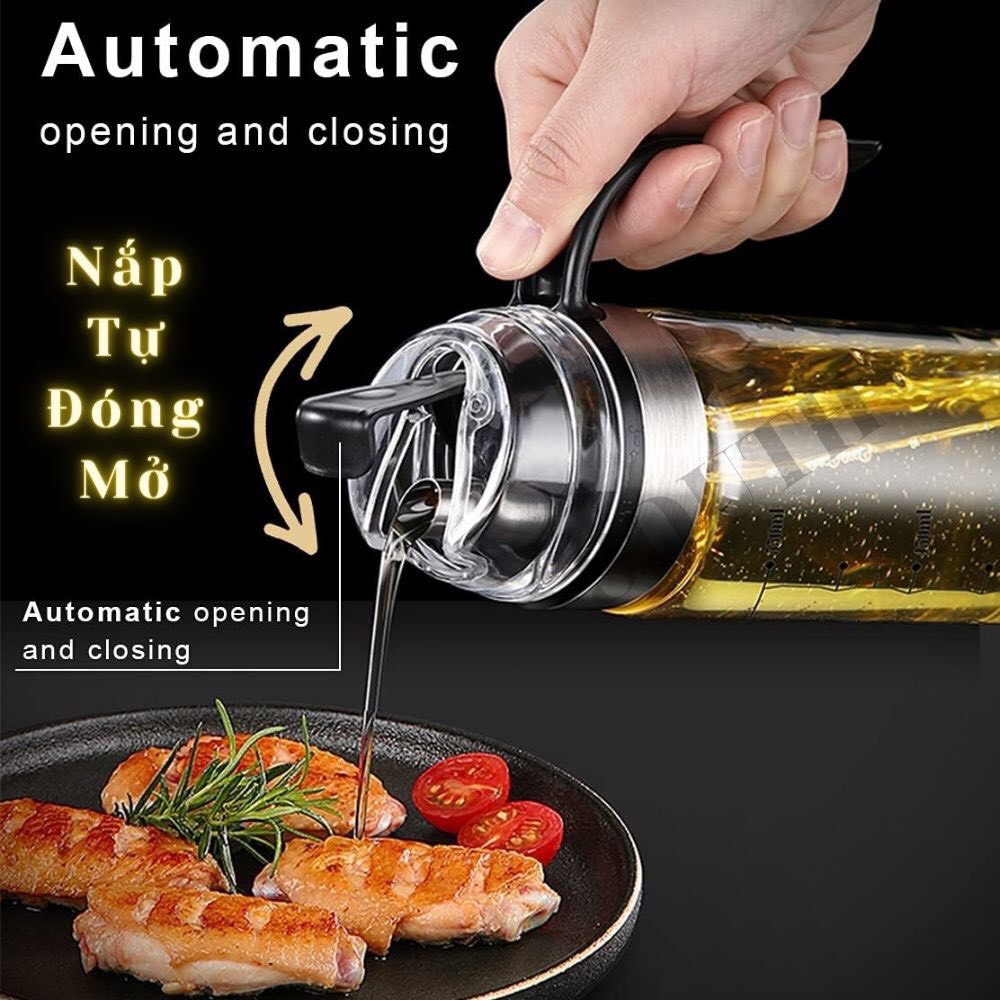 Bình Chai đựng dầu ăn nước mắm gia vị 450ml-550ml bằng thủy tinh có quai và nắp đóng mở tự động
