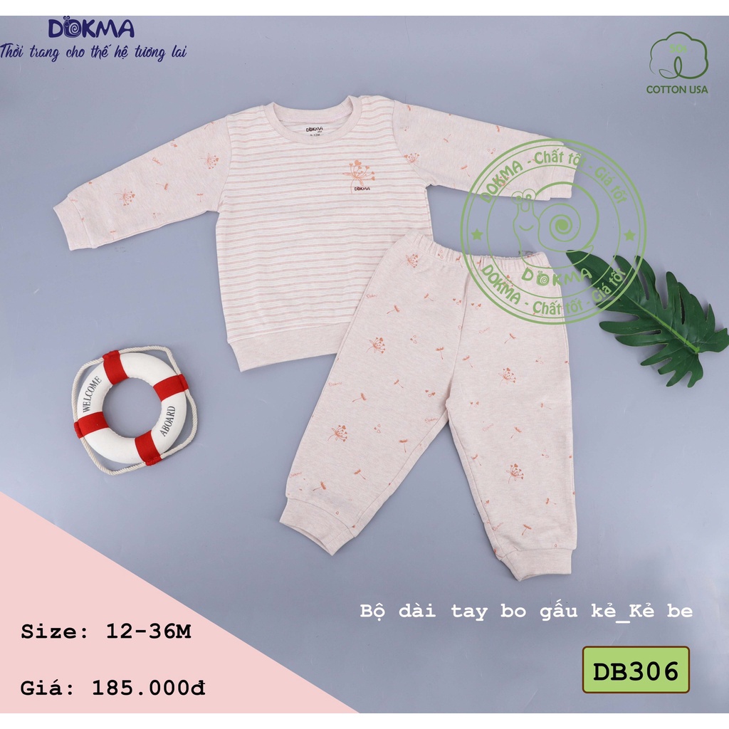 [Chính Hãng] Bộ dài tay nỉ cotton bo gấu kẻ họa tiết trẻ em DB306 Dokma