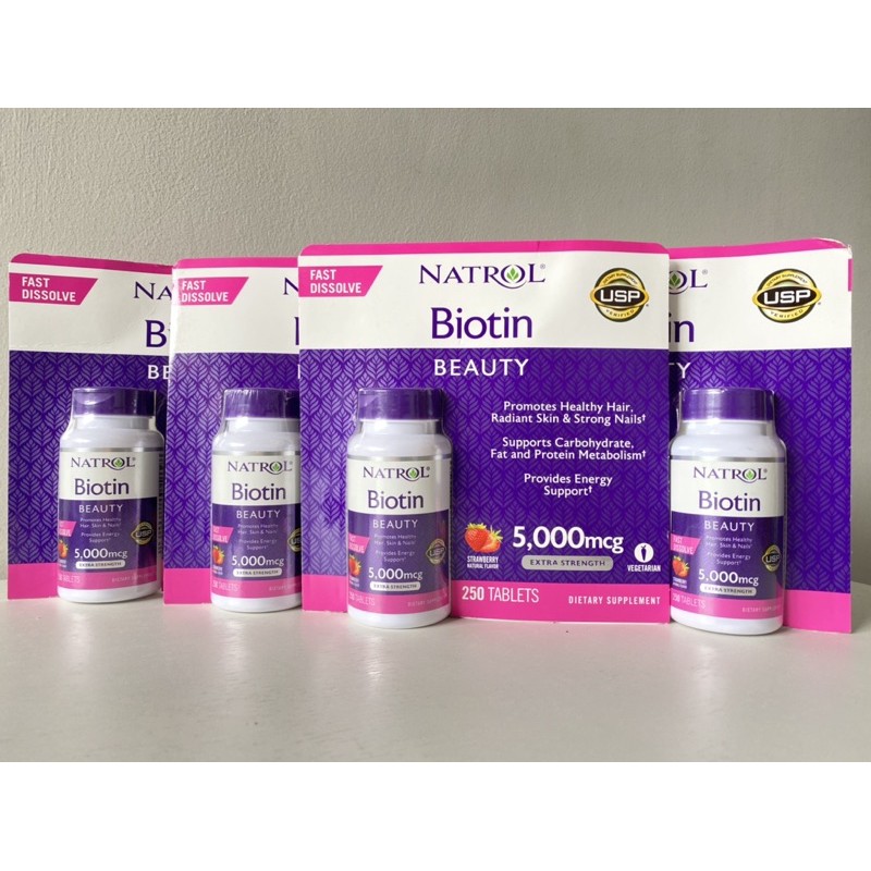 (Hàng Mỹ) Natrol Biotin Beauty 5000mcg (250 Viên) Viên Nhai Đẹp Da, Tóc và Móng