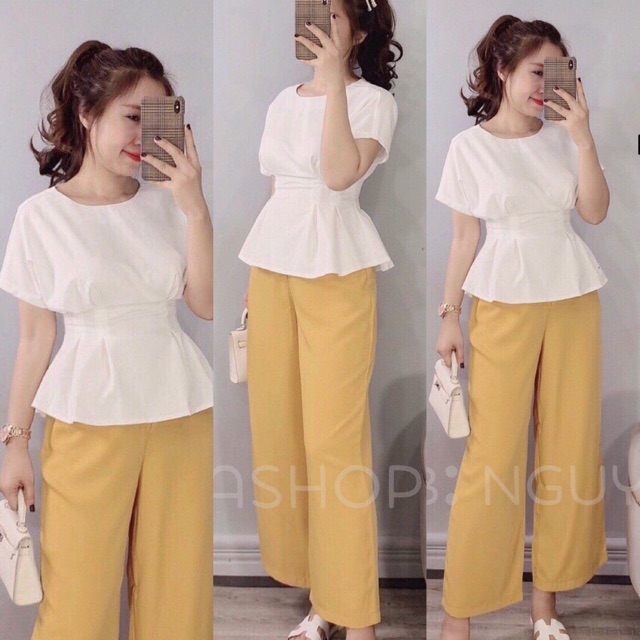 Set áo peplum trắng + Quần ống rộng