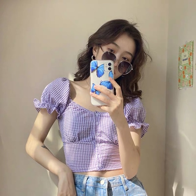 [Có sẵn +ảnh thật] Áo caro croptop tay bồng phong cách Ulzzang Hàn Quốc