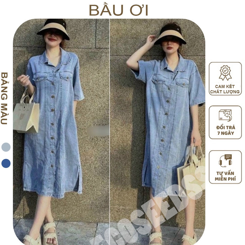 ĐẦM BẦU JEANS DÁNG SƠ MI SUÔNG CÓ TÚI NẮP - VÁY BẦU CÔNG SỞ BABYDOLL FREE SIZE PHONG CÁCH TRẺ TRUNG