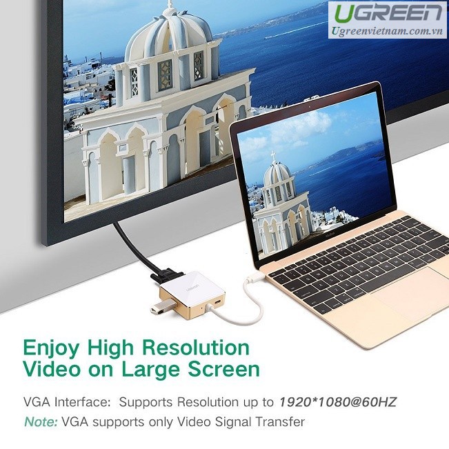 Cáp USB type C to VGA + Hub USB 2.0 &amp; 3.0 hỗ trợ sạc Macbook chính hãng Ugreen 30442