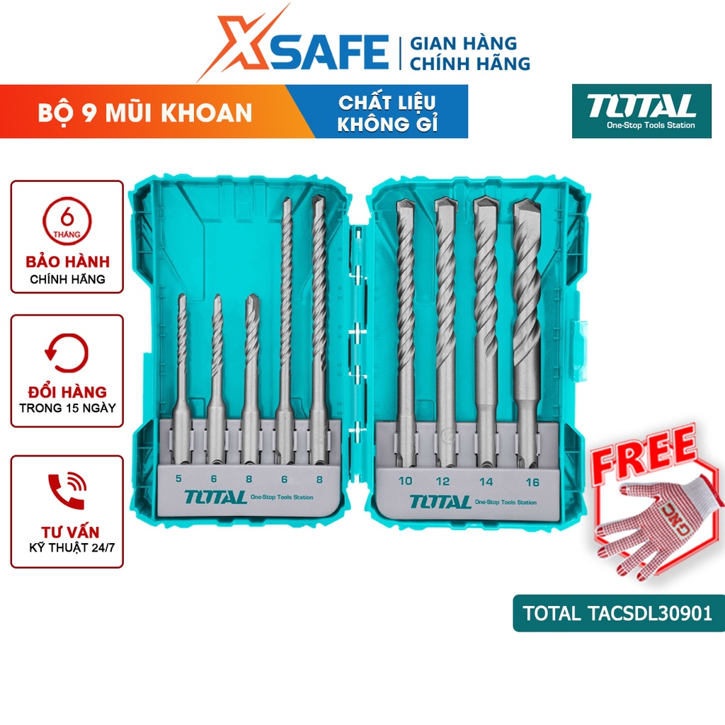 Bộ 9 mũi khoan bê tông TOTAL TACSDL30901 đầu gài kích thước từ 5-16mm chống mài mòn, gỉ set, chịu lực - chính hãng
