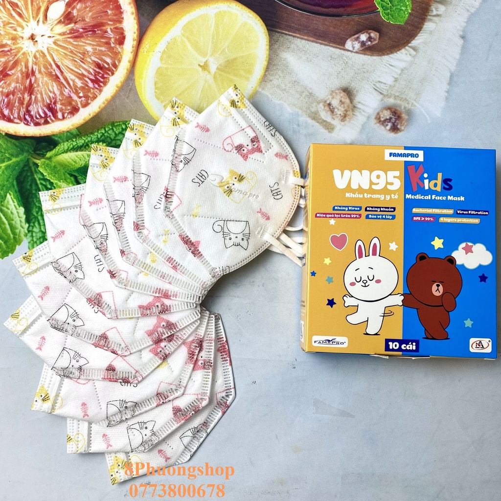 Khẩu trang FAMAPRO VN95 KIDS cho Bé in hình 4 lớp kháng khuẩn 10 cái / hộp