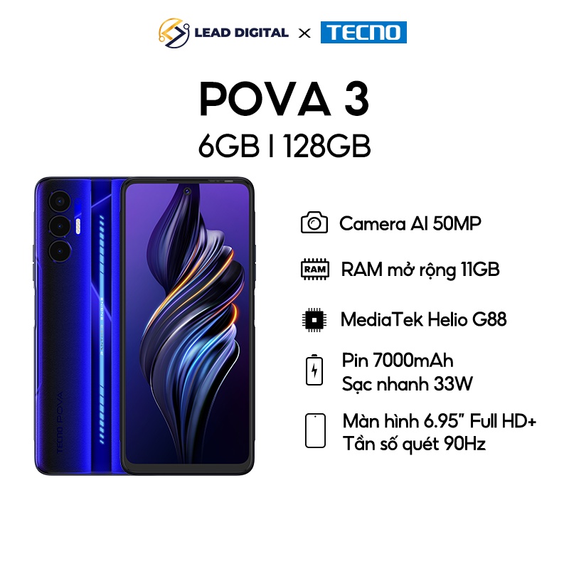 Điện thoại Gaming Tecno POVA 3 (6+5GB)/128GB-Helio G88|7000 mAh|Sạc nhanh 33W-Chính hãng | BigBuy360 - bigbuy360.vn