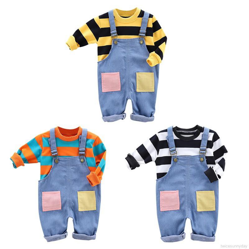 Set áo thun sọc ngang + quần yếm denim cho bé