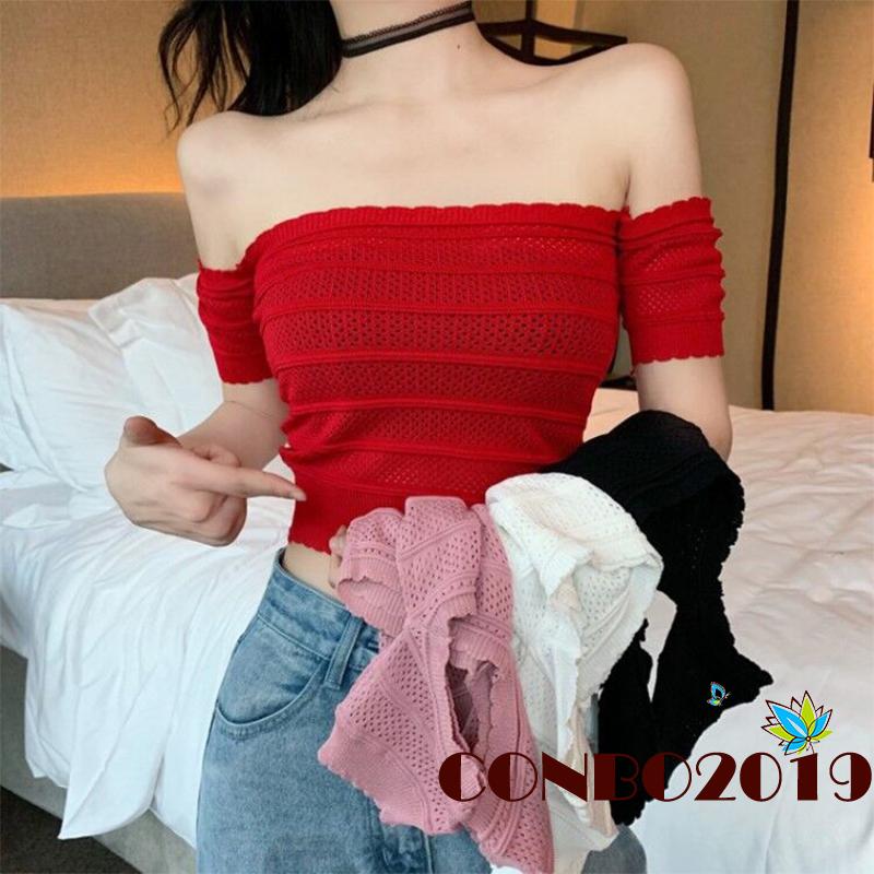 Áo Croptop Ngắn Tay Trễ Vai Gợi Cảm Cho Nữ