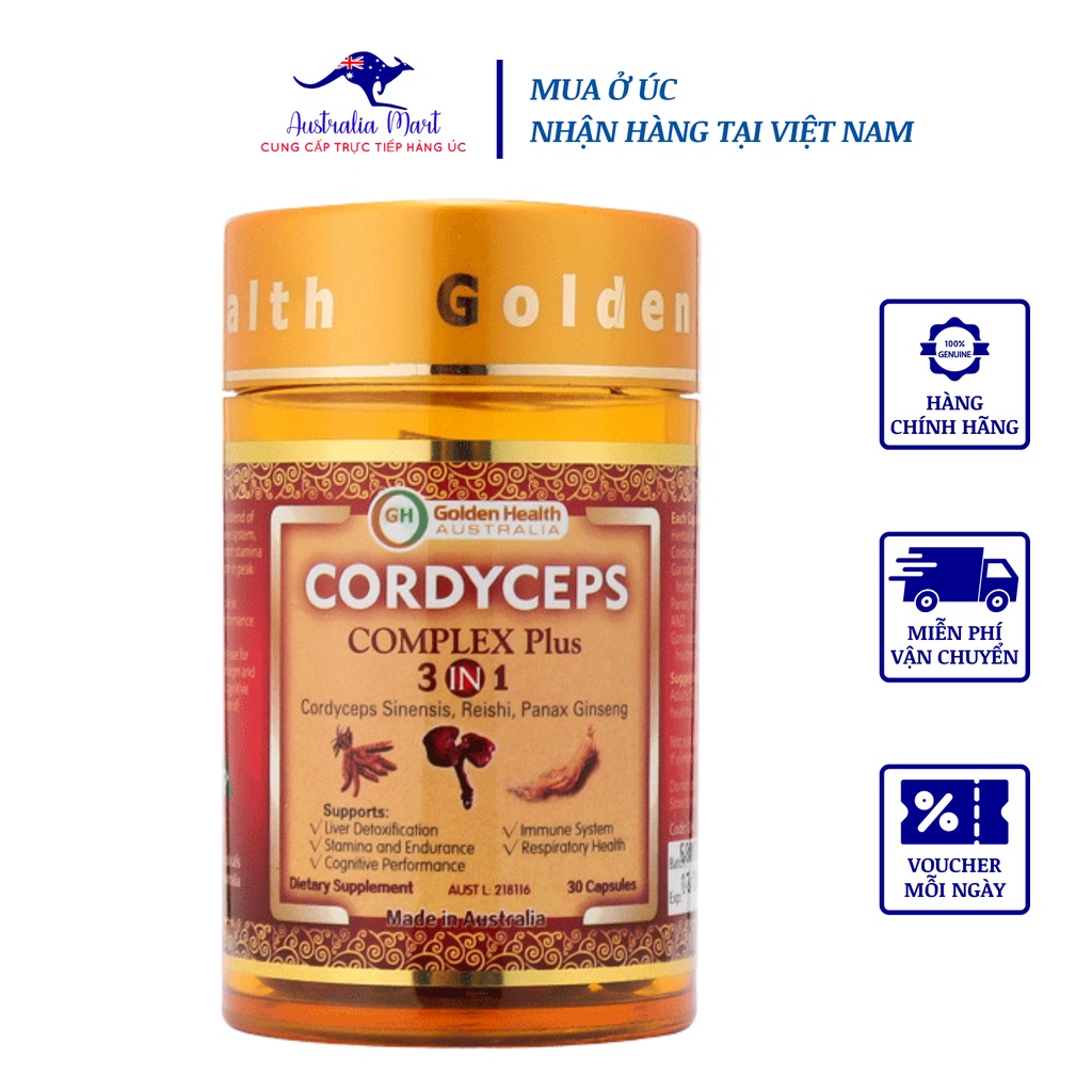 Viên Uống Đông Trùng Hạ Thảo Golden Health Cordyceps Complex Plus 3 Trong 1 Bồi Bổ Sức Khỏe, Chống Lão Hóa 2 Lọ 30 Viên