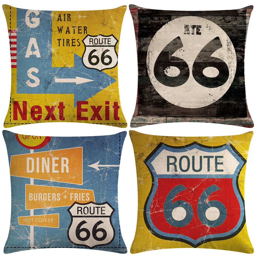 Áo gối/đệm sofa họa tiết Route 66 bằng chất liệu vải lanh trang trí nhà cửa theo phong cách vintage