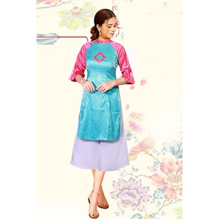 Giá xưởng - áo dài cách tân gấm hình thoi xanh hồng