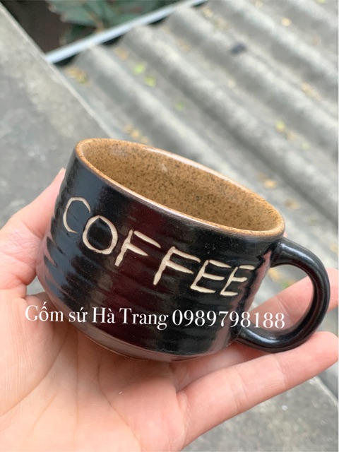 Cốc cafe nóng gốm sứ Bát Tràng cao cấp không chì men đen khắc chữ  Coffee