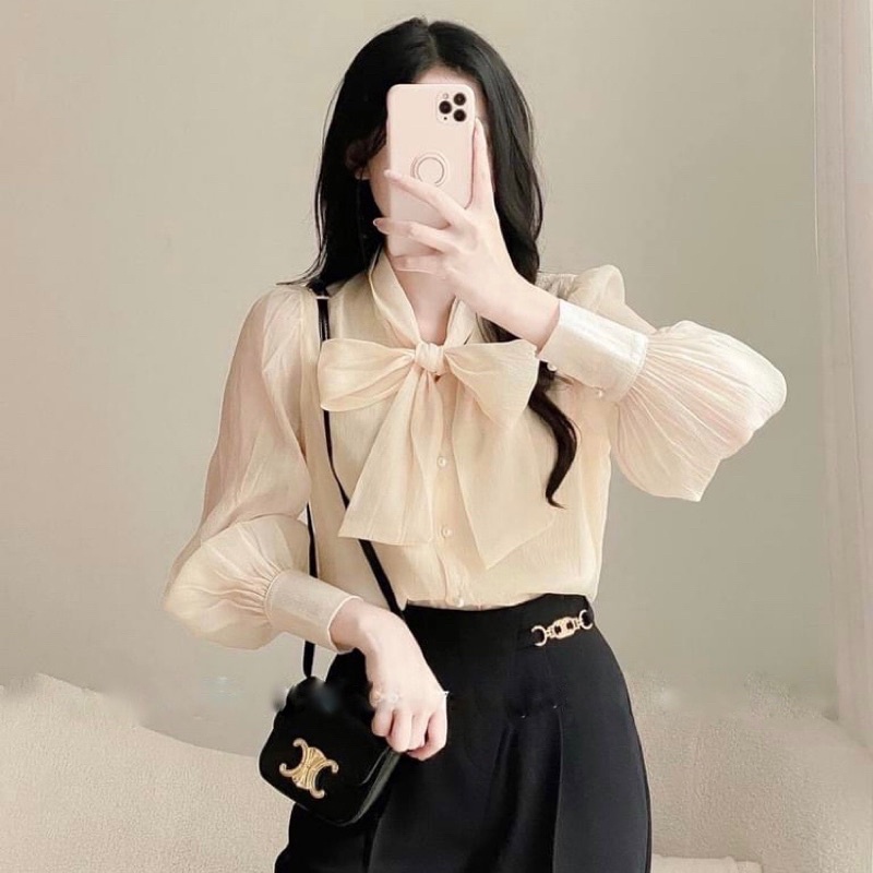 Sơ mi dài tay cổ nơ phong cách Hàn Quốc sơ mi mặc đi làm đi chơi mặc trong vest A11