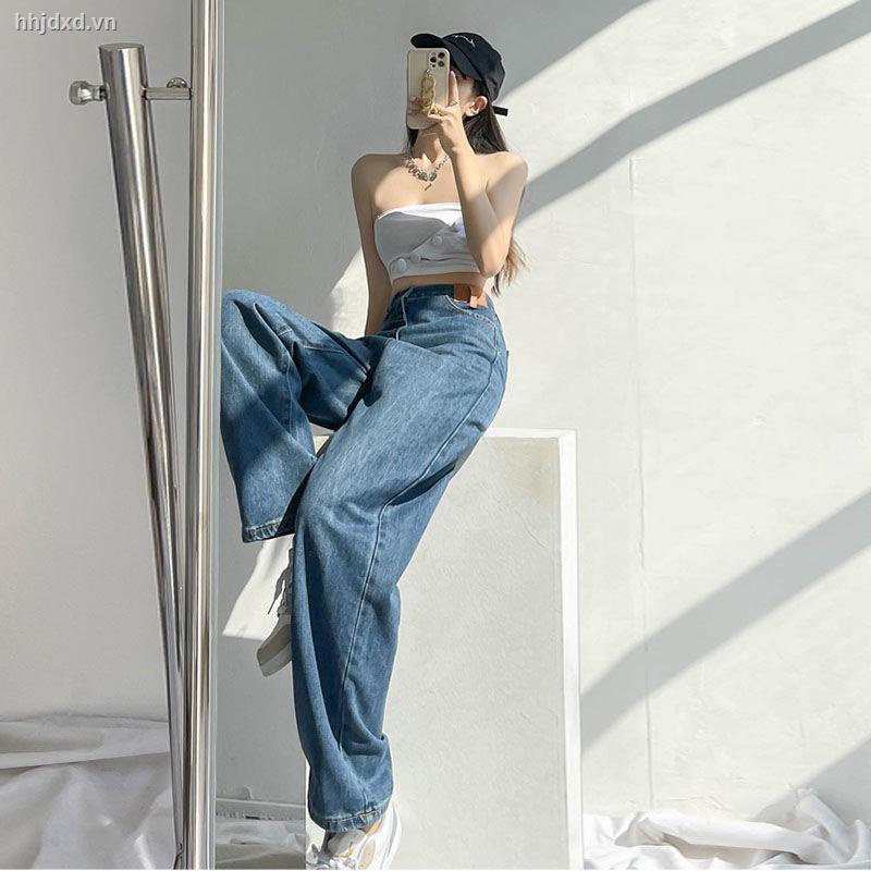 Quần jean chín tấc ống rộng lưng cao dáng suông thời trang xuân thu phong cách Mỹ thiết kế mới dành cho bạn nữ