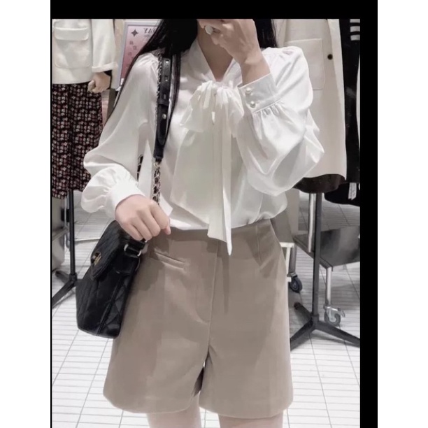 Áo sơ mi lụa tay phồng cột nơ tiểu thư nhẹ nhàng sang chảnh, áo sơ mi công sở