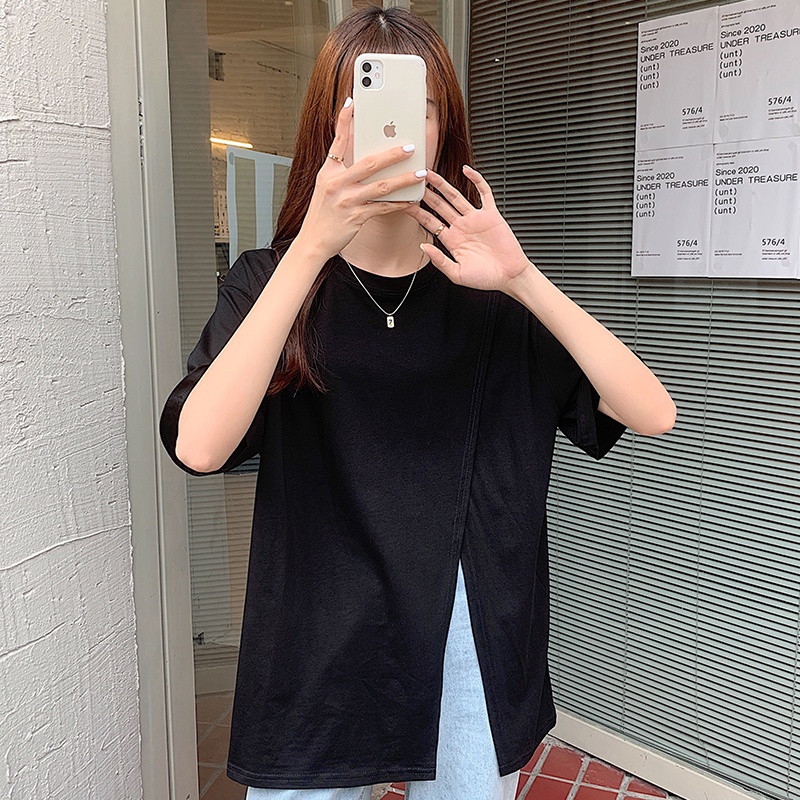 SUXI Áo thun nữ tay ngắn dáng rộng màu trơn thời trang mùa hè