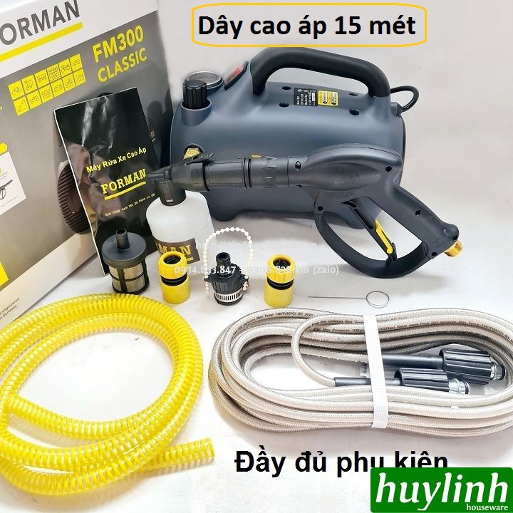 Máy xịt rửa xe mini Forman FM-300 - Dây 15 mét - Có chỉnh áp - Tặng béc rửa máy lạnh