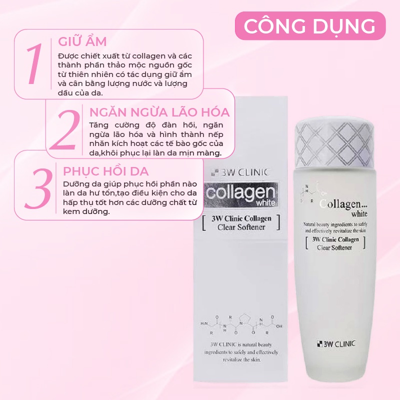 Nước Hoa Hồng Trắng Da 3W CLINIC Hàn Quốc Chiết Xuất Từ Collagen Giúp Se Khít Lỗ Chân Lông Mềm Mịn Da 150ml