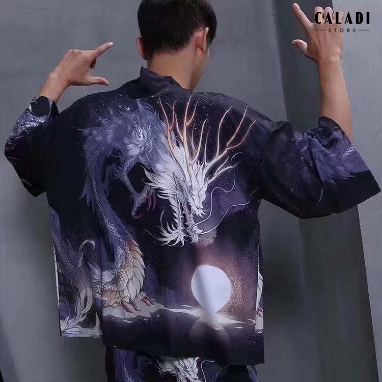Áo khoác Kimono Haori đi biển hoạ tiết rồng xanh